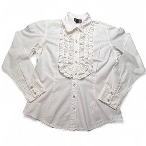 Vintage Cattlelac Ranch White Ruffled Long Sleeve with Rhinestone Buttons, M